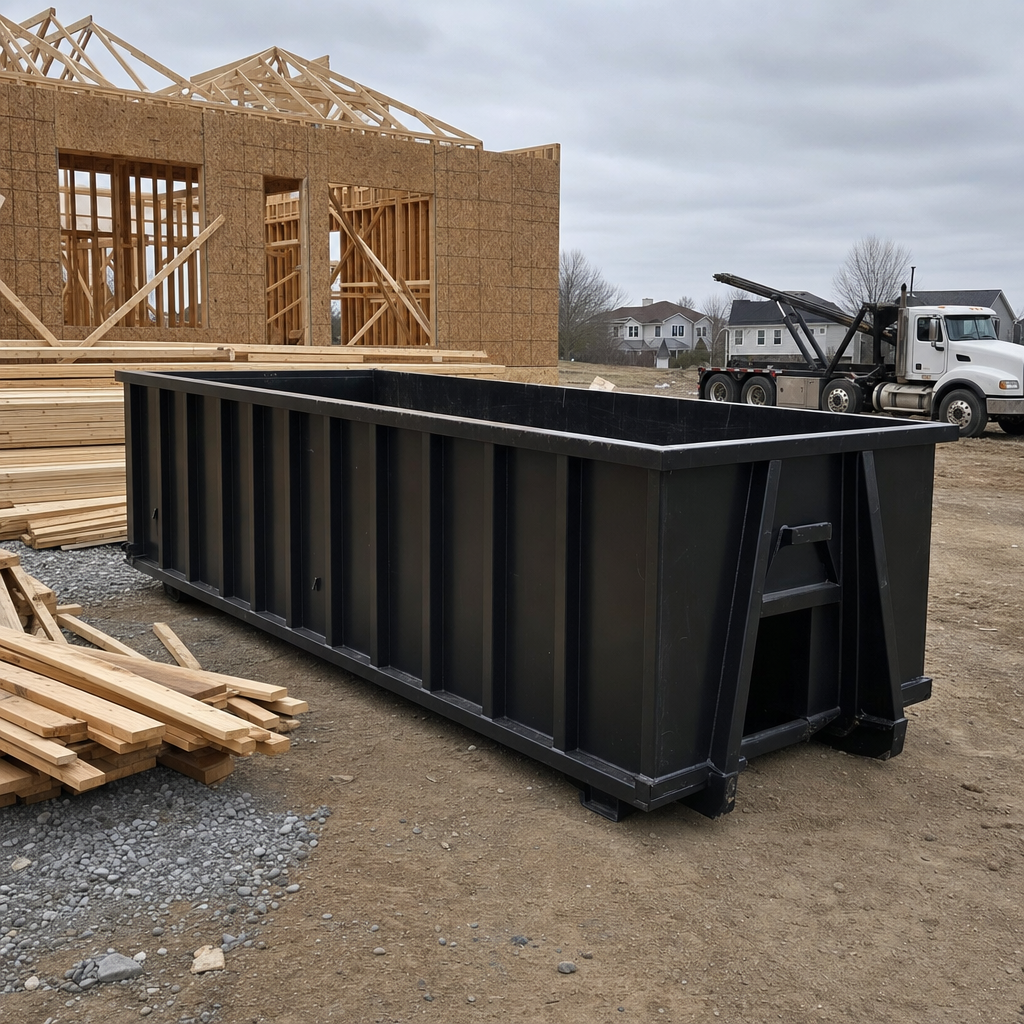 Matte-black 40-yard roll-off dumpster staged on a framed-out residential construction site in Crowley, framing lumber stacked nearby, hooklift delivery truck visible in the background under bright Colorado daylight