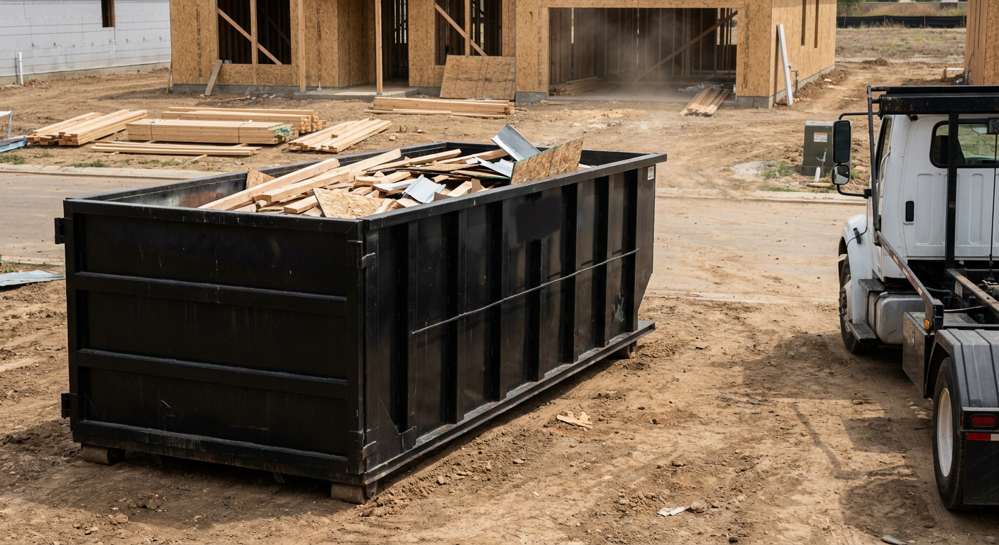 Matte-black 20-yard roll-off construction dumpster with heavy ribbed steel sidewalls and swing rear doors at a working jobsite in Crowley, sitting directly on compacted dirt with an unmarked white hauler partially visible at the far edge of the frame.