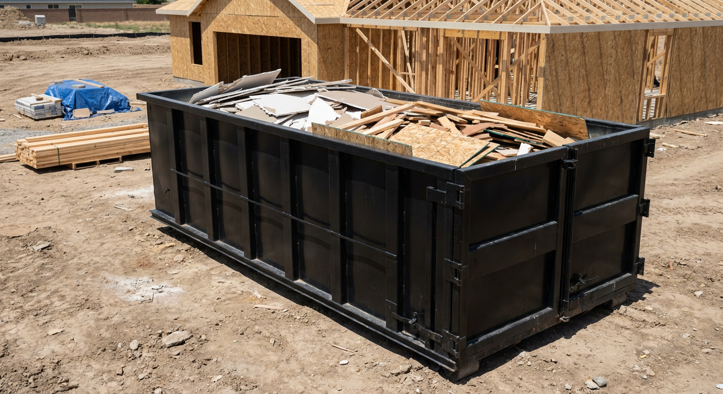 Matte-black 30-yard roll-off construction dumpster sitting directly on the compacted-dirt site of a framed single-family home build in Crowley, drywall and lumber scrap loaded inside.