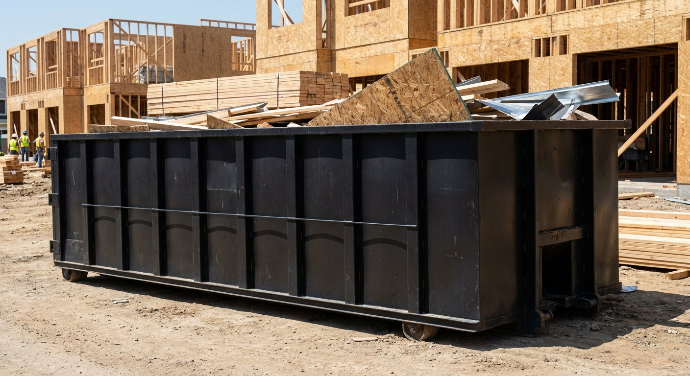 Matte-black 40-yard roll-off construction dumpster being lowered from a white-cab hooklift delivery truck onto the compacted-dirt jobsite at a commercial build site in Crowley