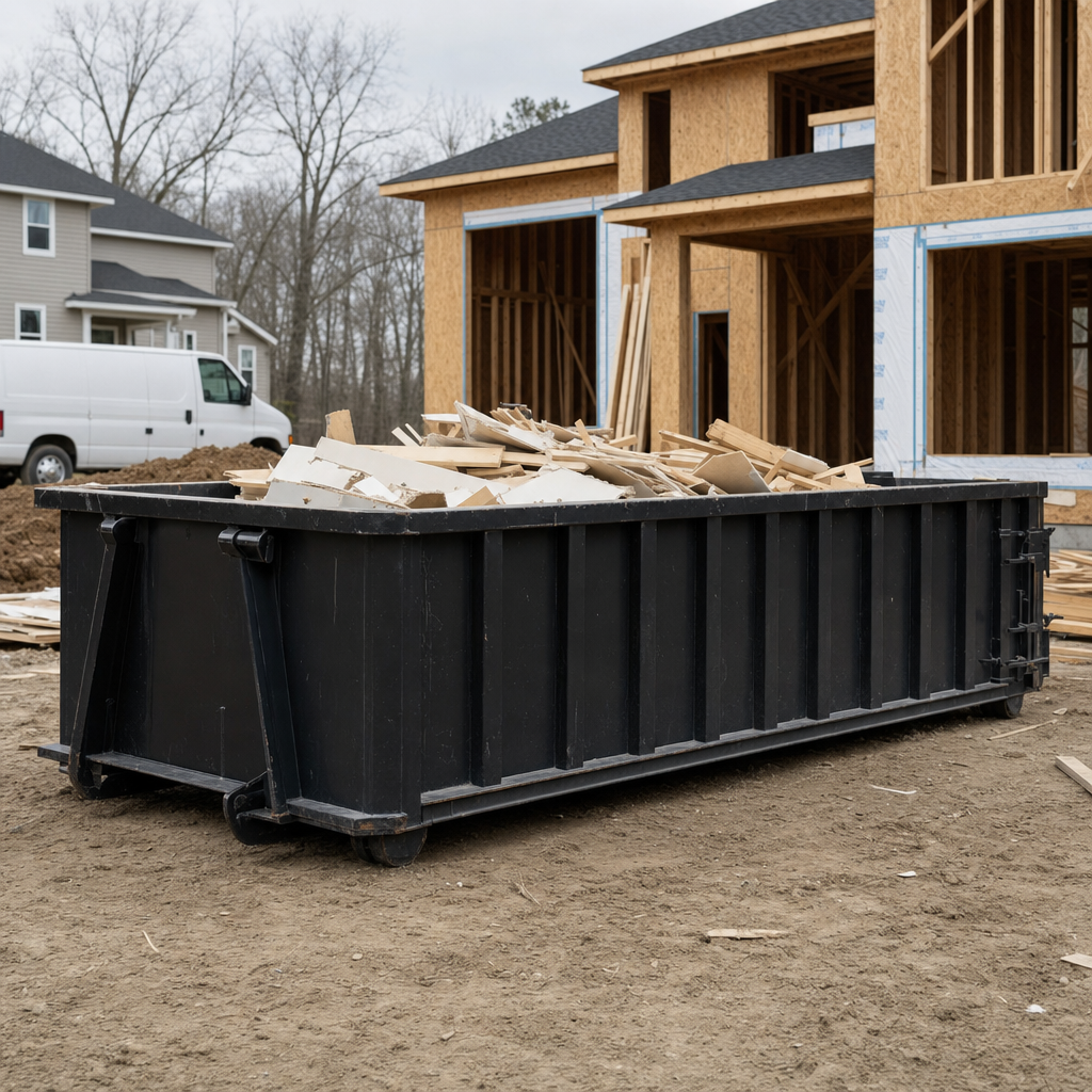 Worker in a yellow high-visibility vest tossing framing lumber and broken drywall into a matte-black 30-yard construction roll-off dumpster on an active build site in Crowley, bright daylight
