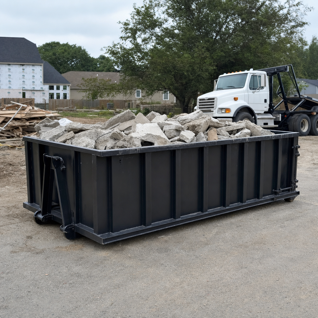 Low-profile matte-black lowboy roll-off dumpster loaded with broken concrete slab and rebar at a foundation tear-out in Crowley, skid steer parked beside it, sunny Colorado morning