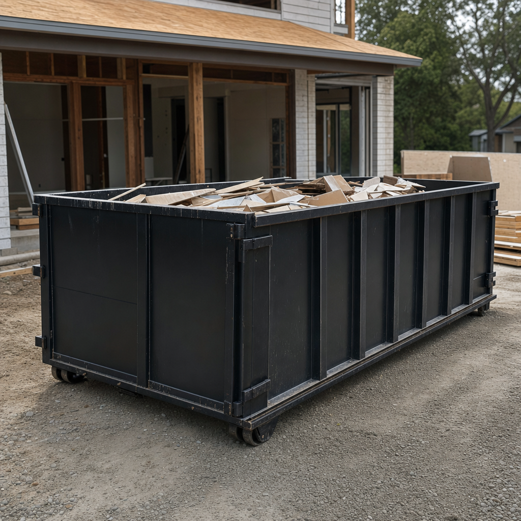 Large matte-black 30-yard construction roll-off dumpster at an active Crowley jobsite, steel-gray top rails and bottom rollers visible, loaded with construction debris.