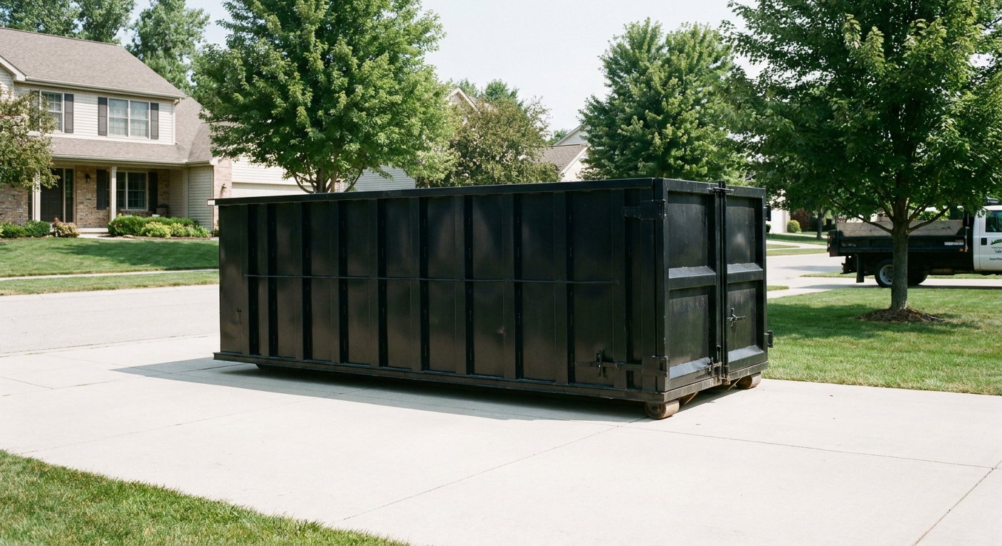 Matte-black 20-yard roll-off dumpster sitting level on a clean Crowley residential concrete driveway under bright daylight, demonstrating clean placement directly on the concrete.