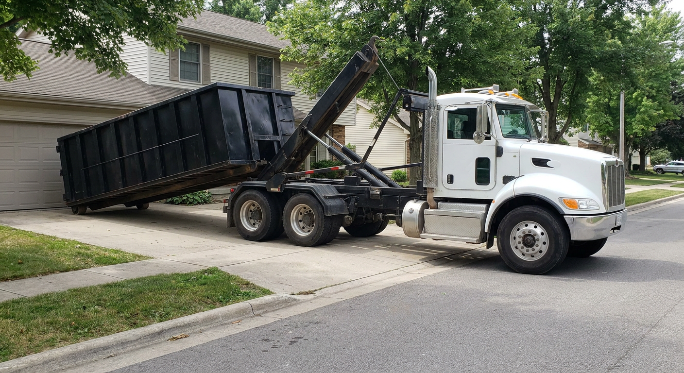 White-cab hooklift roll-off truck actively lowering a matte-black dumpster onto a Crowley residential concrete driveway, the dumpster's rear wheels touching the driveway as the hoist arm tilts the bed forward, mid-morning daylight.