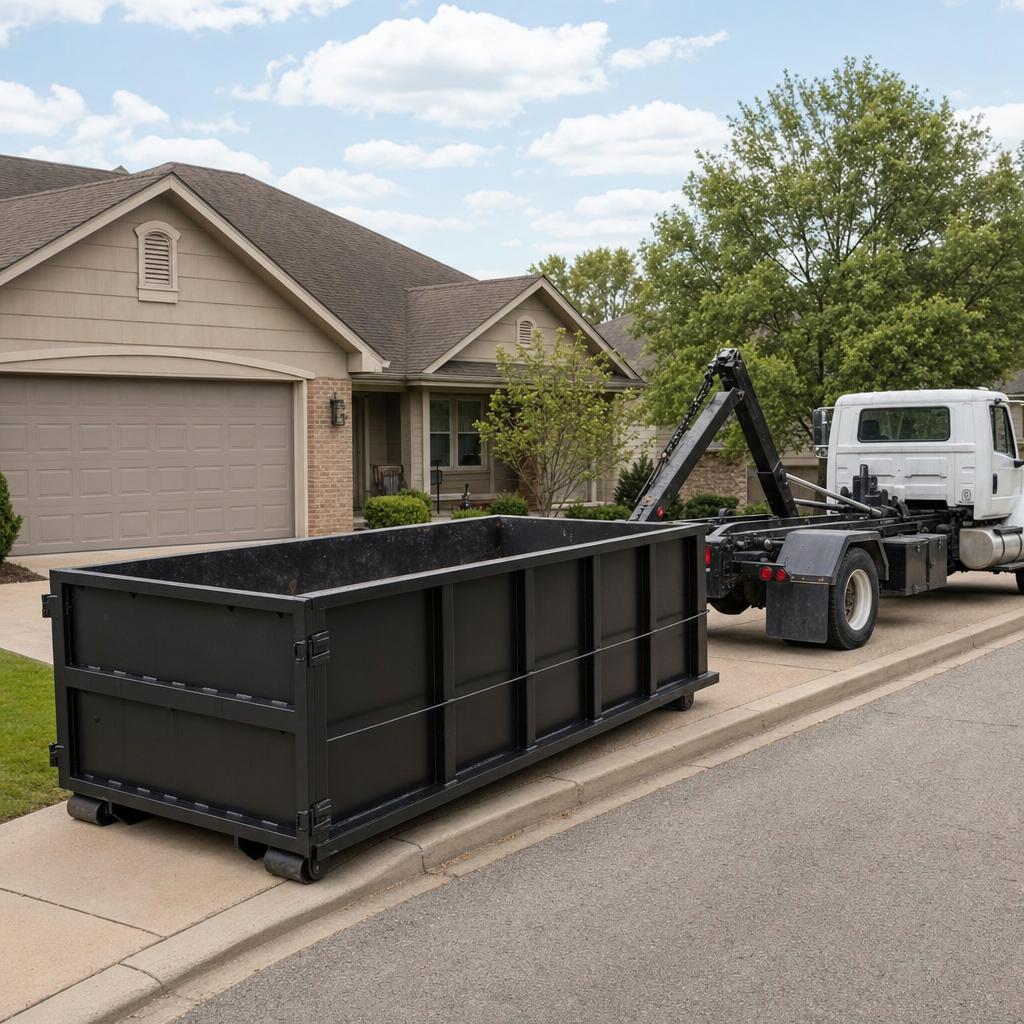 Wide documentary shot of a matte-black roll-off dumpster on a Crowley residential driveway in the foreground and a contractor jobsite container in the soft-focus background, bright daylight, calm and orderly composition.