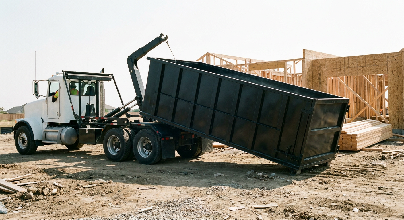 Matte-black roll-off dumpster being delivered onto a clean residential concrete driveway in Crowley by an unmarked white hooklift hauler truck, bright morning daylight, documentary 35mm perspective.