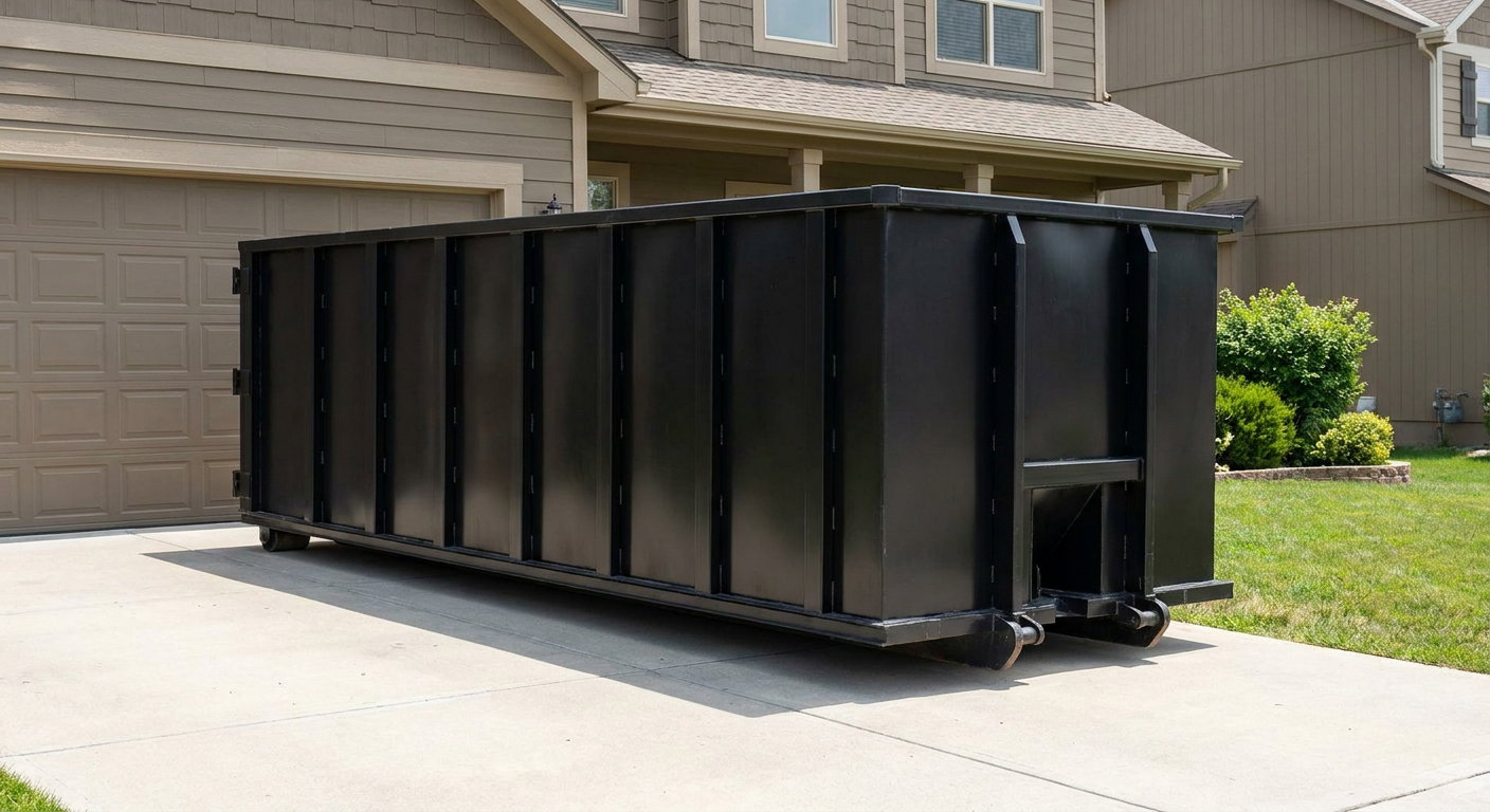 Matte-black residential roll-off dumpster sitting directly on a suburban Crowley concrete driveway, garage door closed, single-family home in background, bright morning daylight.