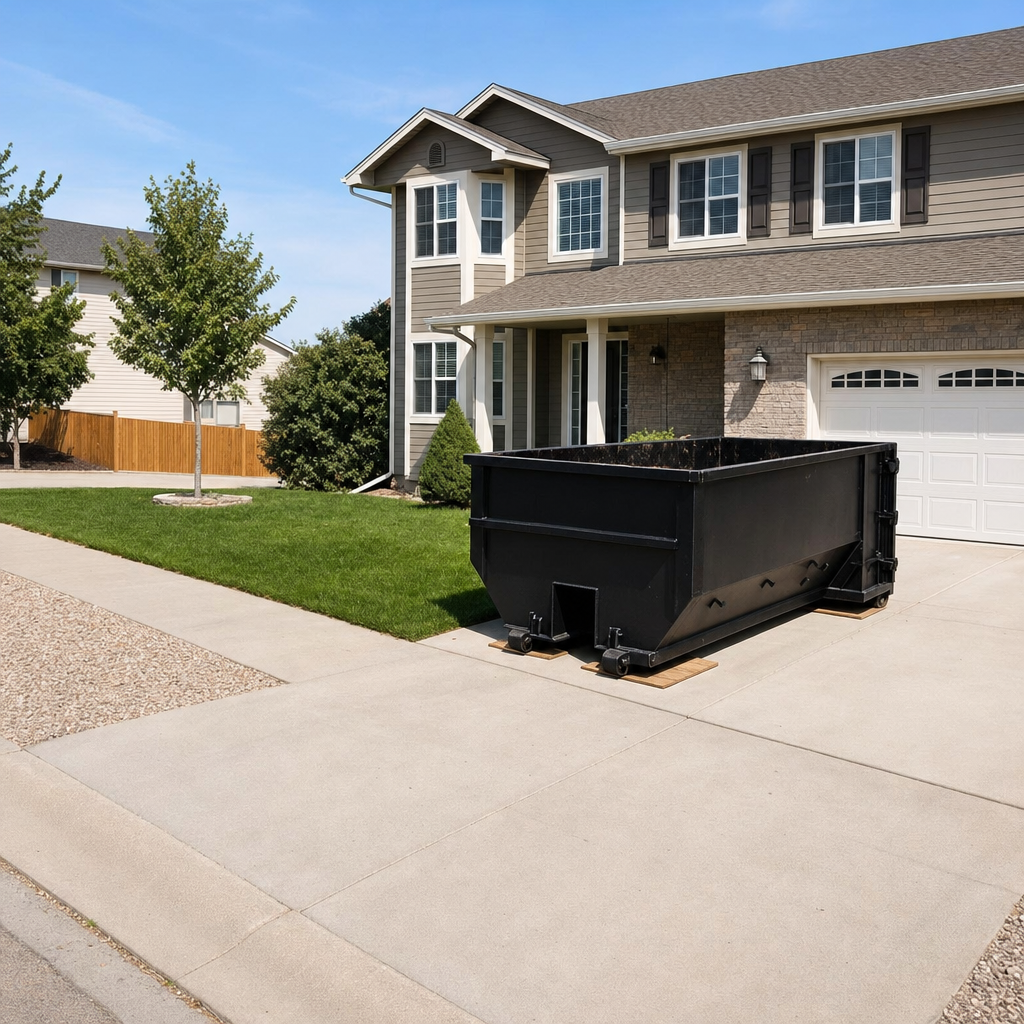10-yard matte-black residential dumpster placed directly on a narrow Crowley concrete driveway, room remains for a parked sedan beside it, mid-morning natural light