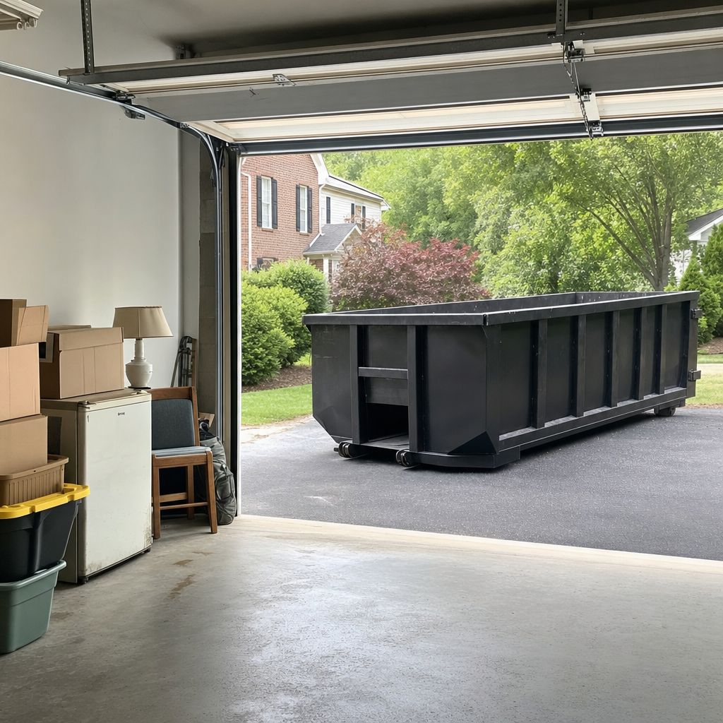Open garage interior in a Crowley home mid-cleanout — boxed items, an old appliance, and stacked yard tools queued near the driveway for a matte-black roll-off dumpster, organized and calm