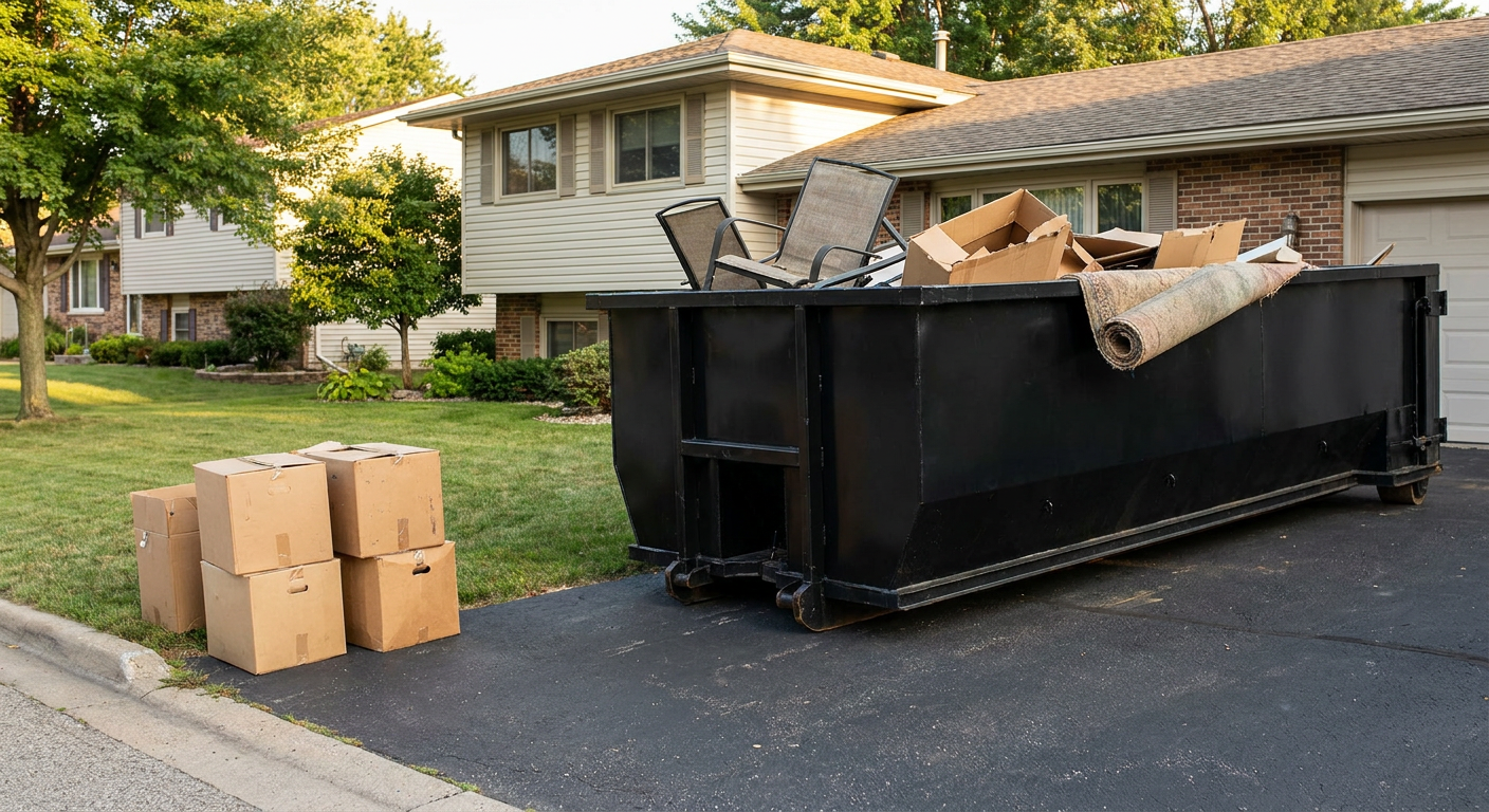 Front-yard view of a Crowley split-level home with a 20-yard matte-black roll-off dumpster sitting directly on the asphalt driveway, a few clearly labeled donation boxes staged at the curb, calm sunny afternoon.