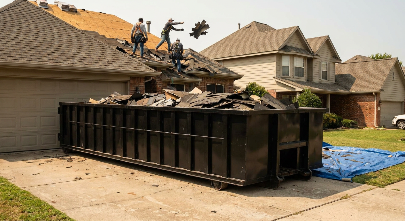 Matte-black roofing roll-off dumpster placed directly on a Crowley residential concrete driveway, a tear-off crew on a two-story asphalt-shingle roof tossing shingle bundles into the low-walled container, bright daylight, documentary 35mm perspective.