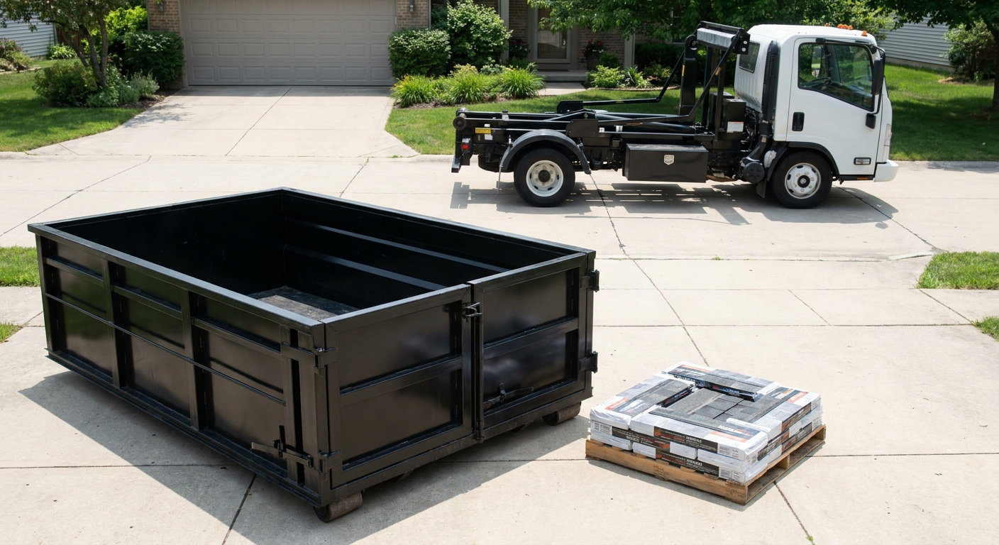 Matte-black 15-yard roofing roll-off dumpster with reinforced low side walls sitting directly on a Crowley residential concrete driveway, three-tab asphalt shingle bundles stacked nearby, an unmarked white hauler truck partially visible at the edge of the frame.