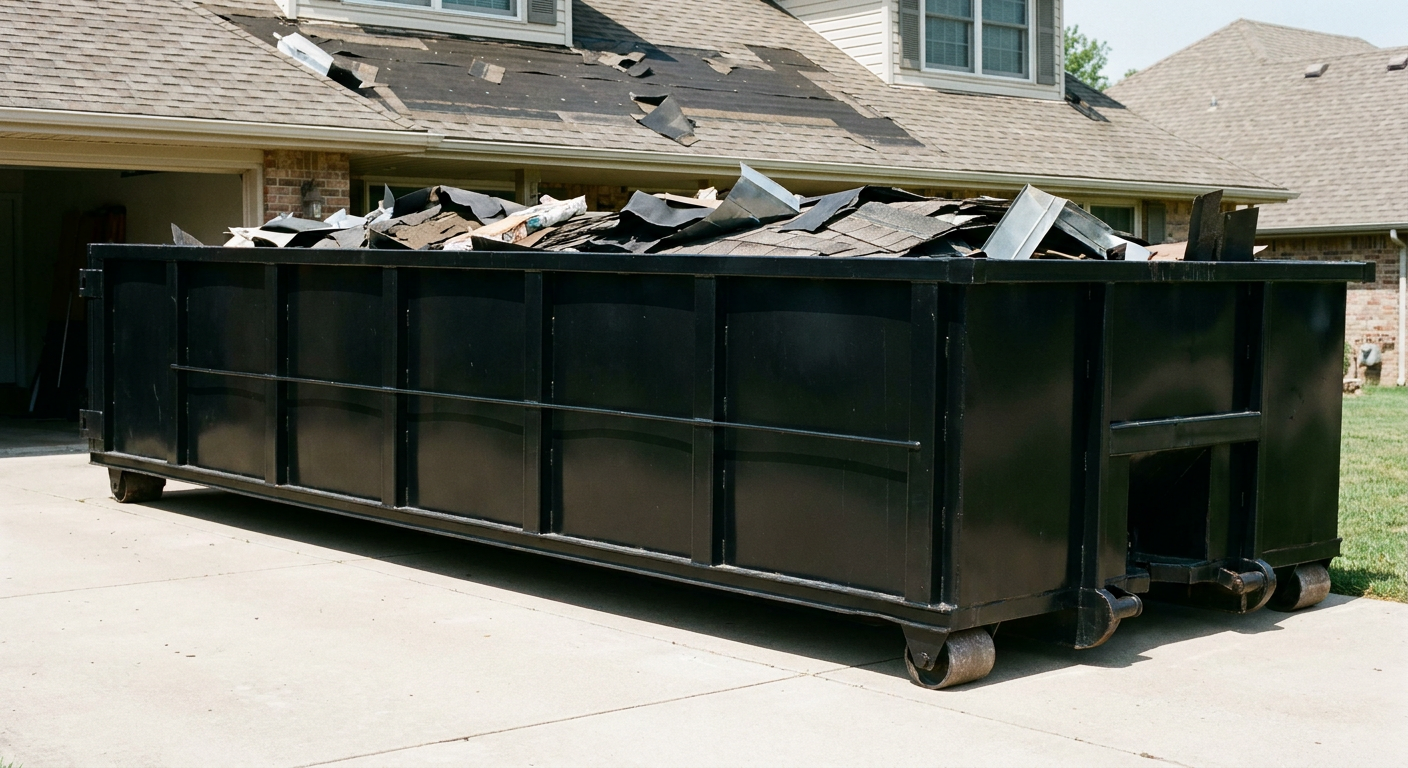 Matte-black 20-yard roofing roll-off dumpster with steel ribbed sides and swinging rear door, sitting directly on the concrete driveway of a two-story Crowley home, asphalt shingle debris being loaded over the low wall, clean documentary lighting.