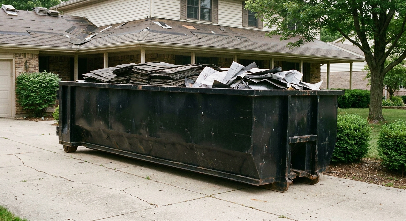 Matte-black 30-yard roofing roll-off dumpster sitting directly on a Crowley concrete driveway, taller ribbed steel side panels, mixed tear-off debris of asphalt shingles and underlayment inside, professional documentary daylight.