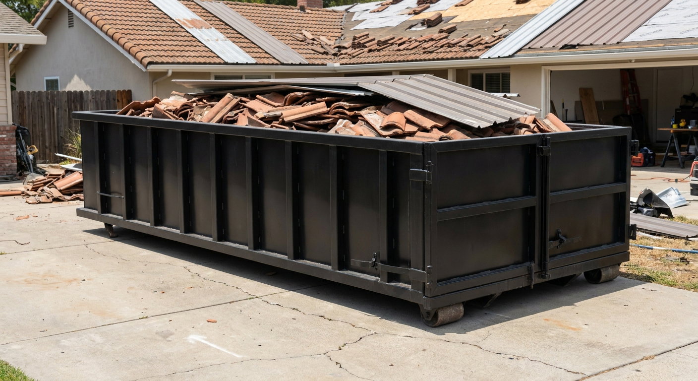 Matte-black low-wall heavy-debris roofing roll-off dumpster sitting directly on a Crowley concrete driveway, broken concrete clay roof tiles and metal panel sections loaded inside, reinforced ribbed steel side walls visible, bright outdoor daylight.