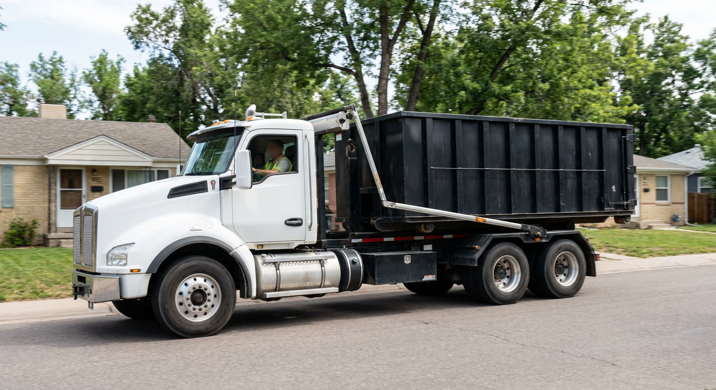 A wide documentary shot of a matte-black roll-off delivery truck pulling onto a quiet Crowley residential street at mid-morning, with neighborhood rooftops and tree-lined blocks visible behind, showing the metro coverage footprint.