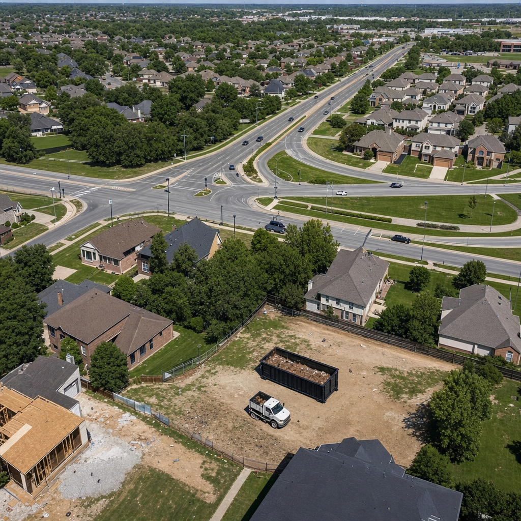 An overhead documentary view of the Crowley metro area at midday, showing the spread of neighborhoods, arterial roads, and the dispatch radius from a central yard — clean daylight, organized geographic layout.