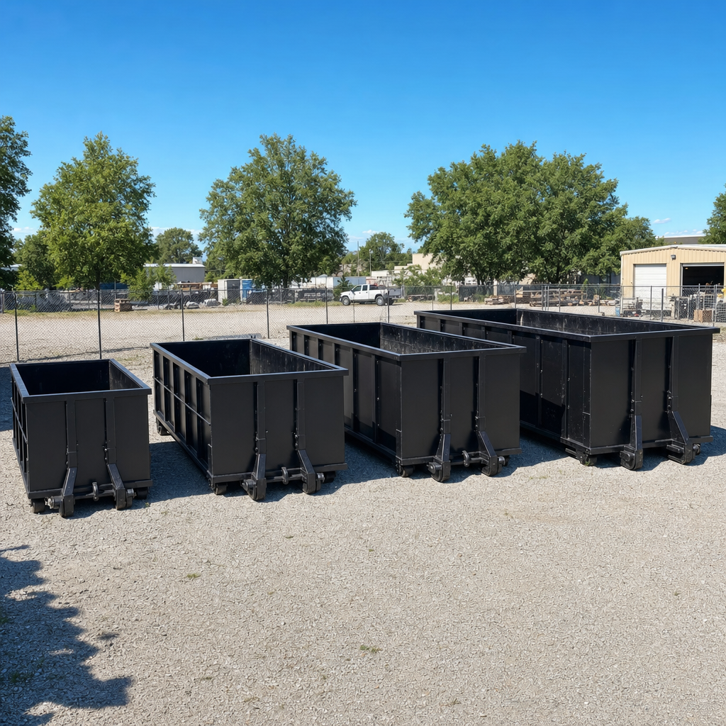A clean lineup of matte-black roll-off dumpsters in 10, 20, 30, and 40-yard sizes staged on a sunlit gravel yard in Crowley, showing the size progression from compact to commercial-scale containers.