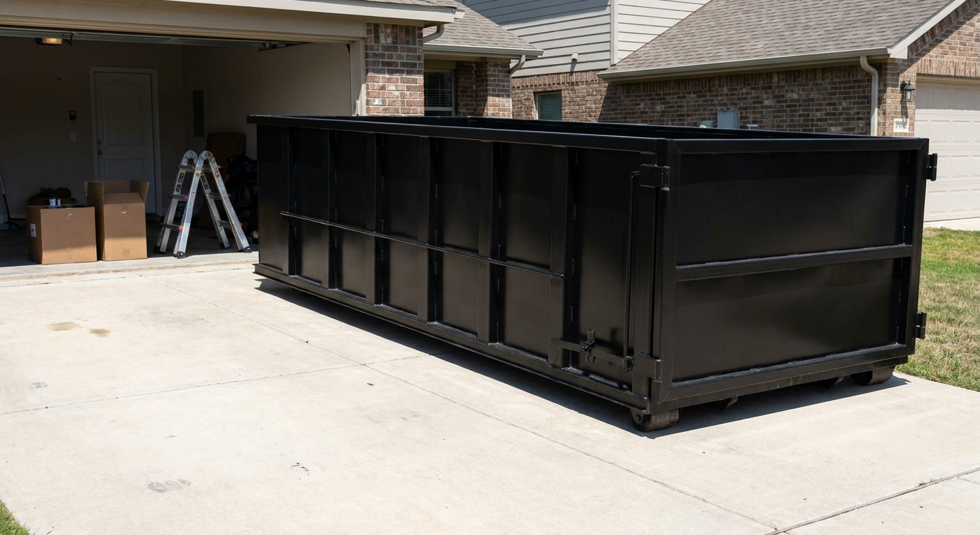 A matte-black 10-yard roll-off dumpster sitting directly on a residential Crowley concrete driveway, mid-day sunlight, clean and ready for a garage cleanout.