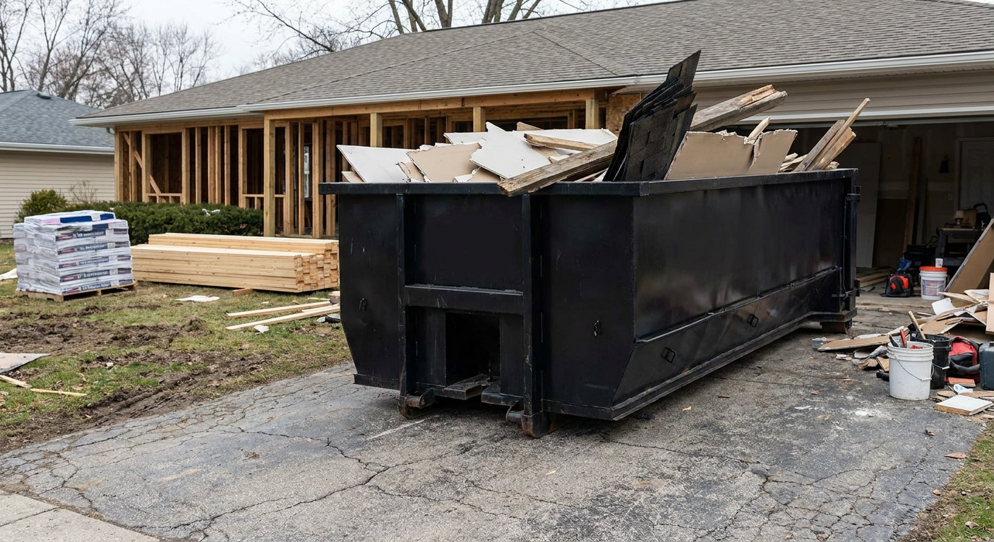 A matte-black 20-yard roll-off dumpster placed alongside a mid-renovation Crowley home directly on the asphalt driveway, with framing materials and torn-off shingles staged neatly nearby.