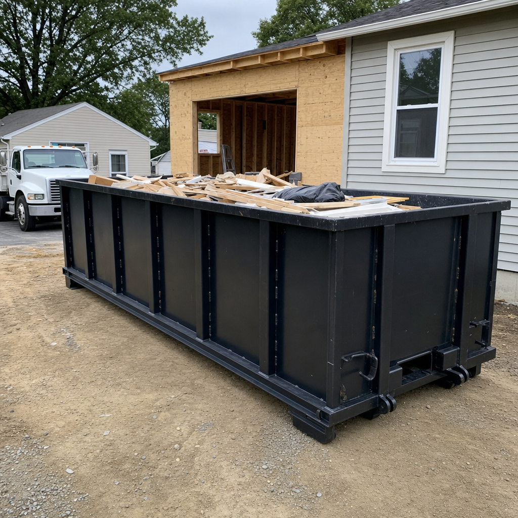 A matte-black 30-yard roll-off dumpster positioned at a Crowley residential addition jobsite, with framing lumber and drywall scraps loaded through the open swinging rear doors.