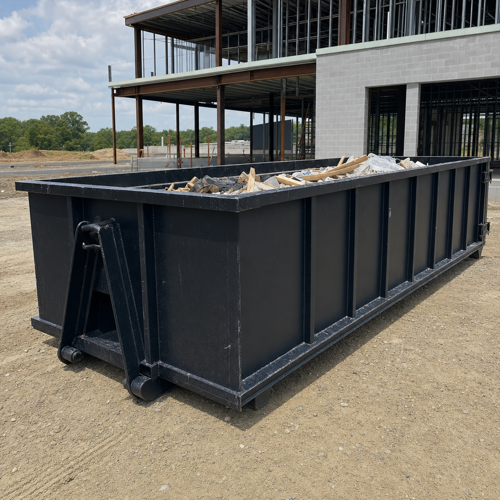 A matte-black 40-yard roll-off dumpster staged on a large Crowley commercial construction lot, with a hooklift delivery truck parked alongside under bright midday sky.