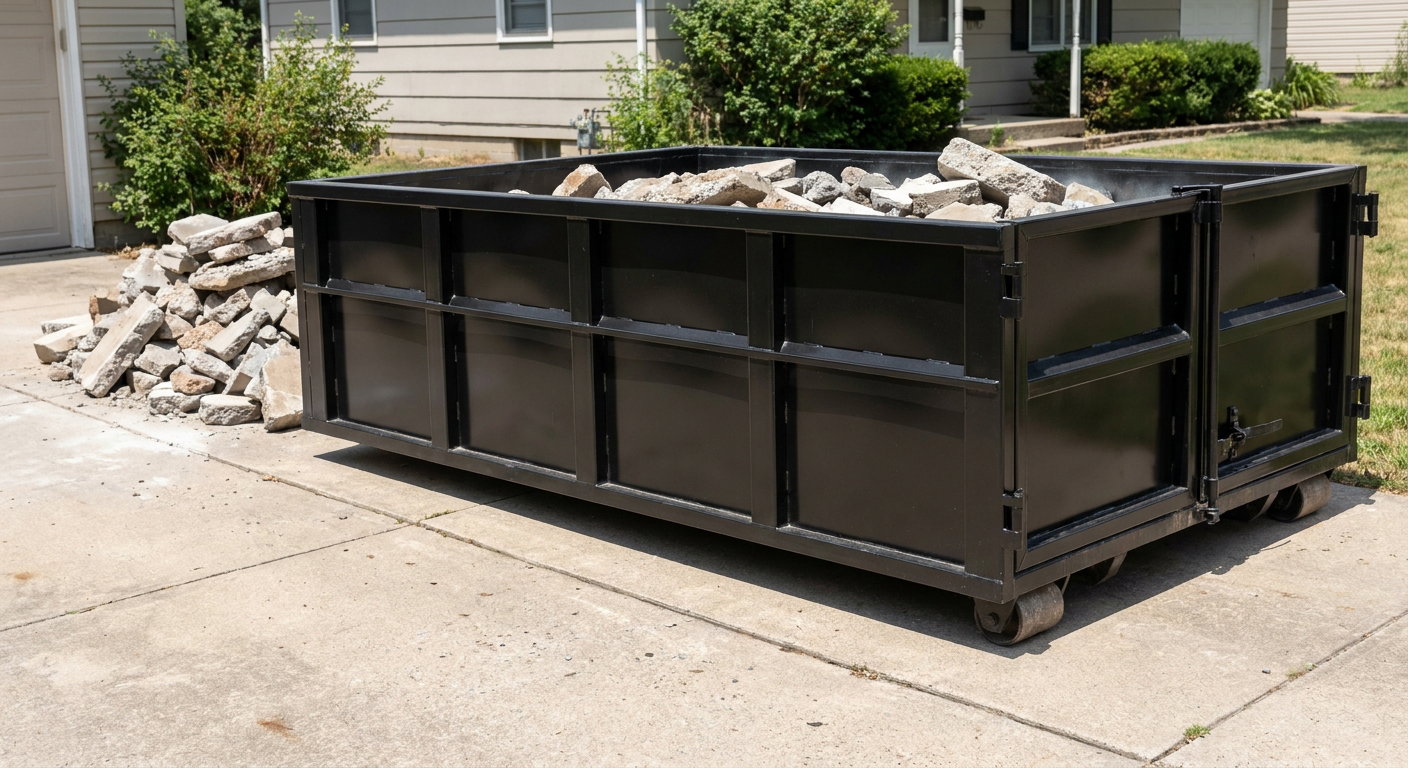 A matte-black low-side heavy-debris roll-off dumpster placed directly on a Crowley concrete driveway, with broken concrete chunks neatly stacked beside it under clean daylight.